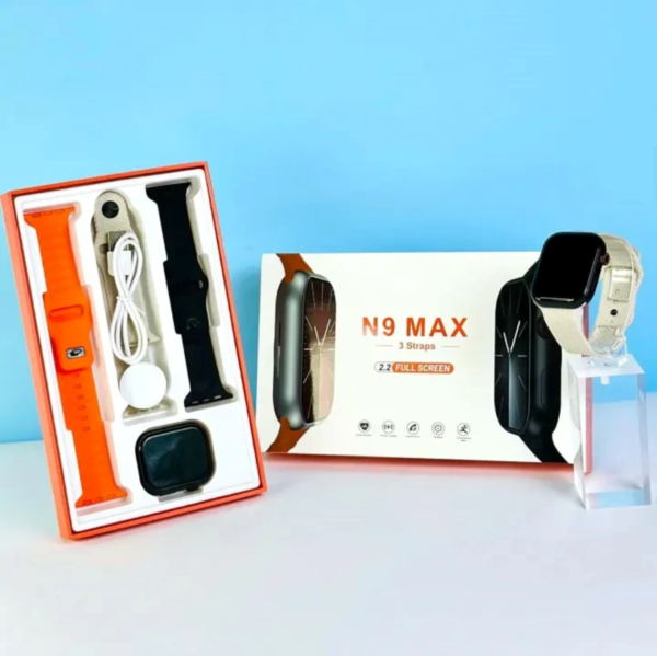 N9 Max Smart Watch – Stainless Steel, 3 Straps, 2.02" HD IPS Display, BT Calling & Fitness Tracking for Men and Women